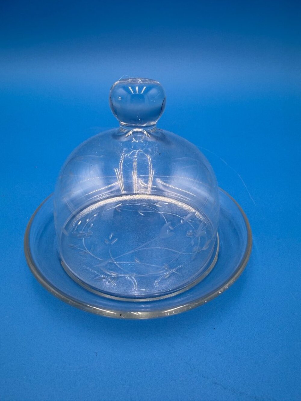 Vintage Glass Butter Dish Etched Floral Design Dome Lid 5"